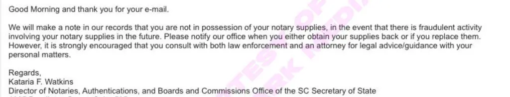 Representative from SC Secretary of State’s office emails Mica acknowledging her missing notary embosser and encourage her to call the cops and a lawyer about her issues with JP.