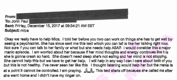 JP recieves an email from someone saying that they have to help Mica. The email includes a lengthy, rambling section purporting to be messages from Mica.