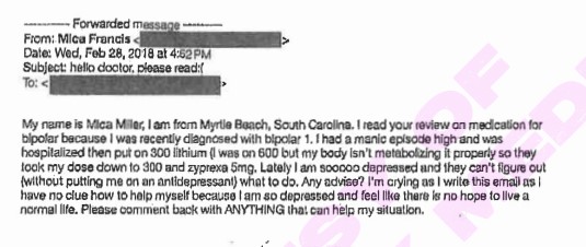 “Mica” reportedly sends an email to a doctor saying she’s depressed and asking for help. She mentions taking 300 mg of lithium and 5 mg of zyprexa.