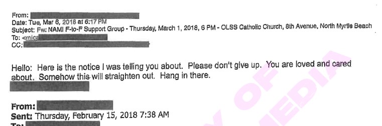 Somebody sends Mica a notice about a Family Support Group for adults and caregivers of people suffering from mental illness.