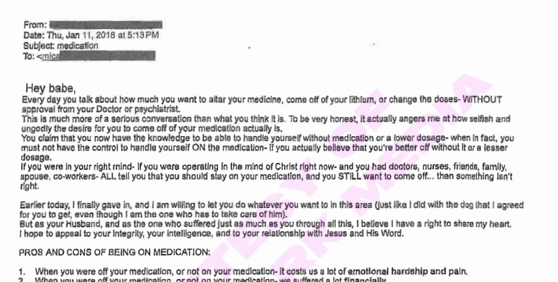 JP emails Mica about her medication and why she needs to keep taking it.