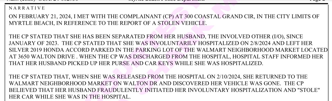 Mica reports her silver Honda Accord stolen from the Walmart parking lot where she left it on February 8.