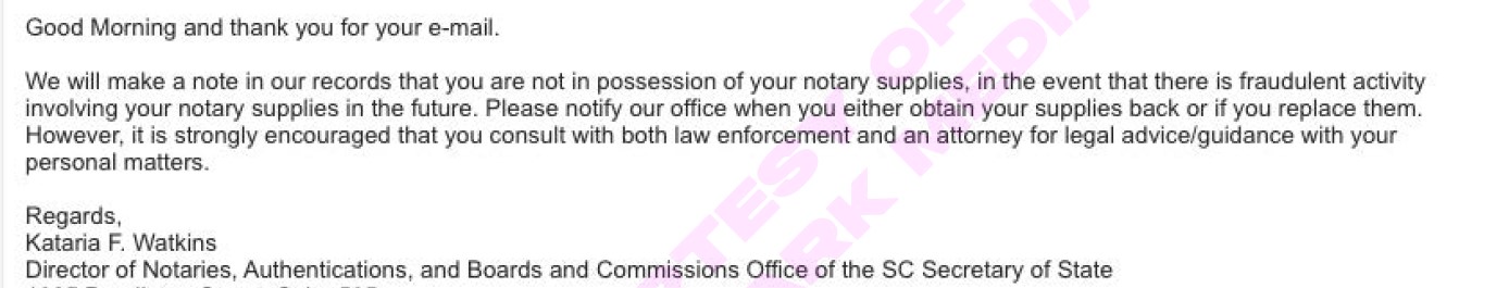 Representative from SC Secretary of State’s office emails Mica acknowledging her missing notary embosser and encourage her to call the cops and a lawyer about her issues with JP.