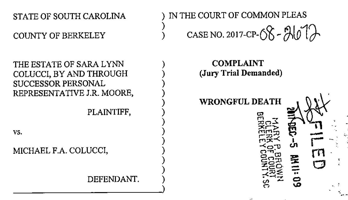 The Estate of Sara Lynn Colucci files a wrongful death suit against Michael Colucci.
