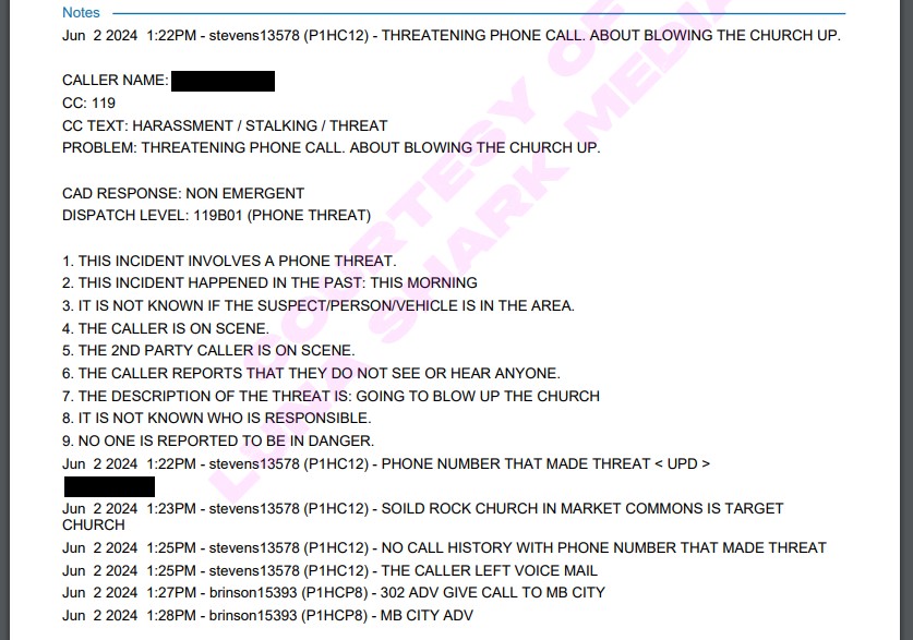 A bomb threat was reported to Horry County PD by Solid Rock Church.