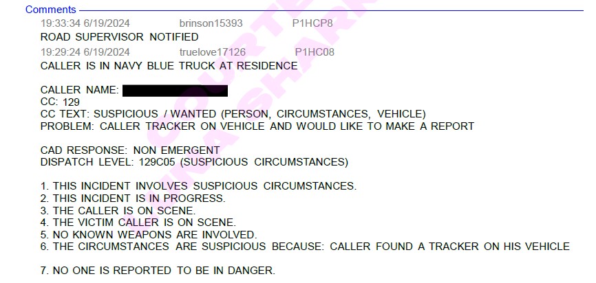 JP reports a tracker on his vehicle.