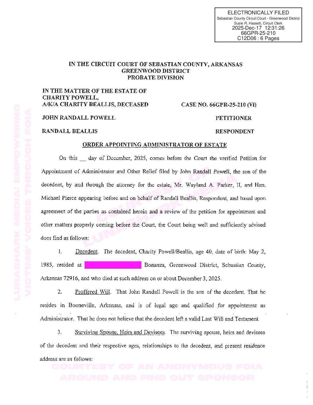 Powell, Charity – 2025, Dec 17 – Order Appointing Administrator of Estate