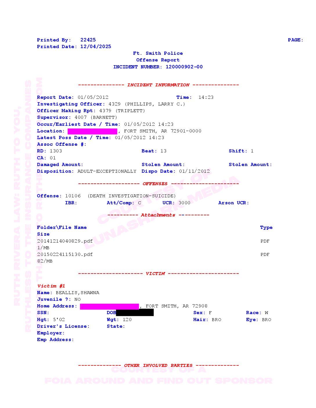 Beallis, Shawna – 2012, Jan 05 – Investigators Report