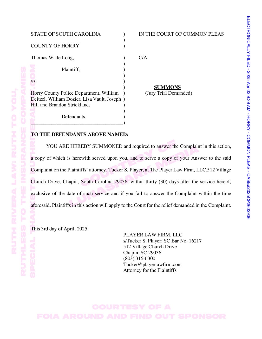 Long, Thomas Wade – 2025, April 03 – Violation of Constitutional Rights Complaint