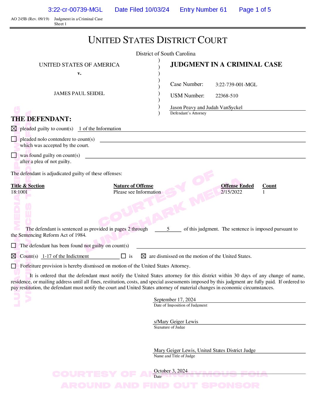 Seidel, James – 2024, Oct 03 – Federal Judgement & Probation Terms