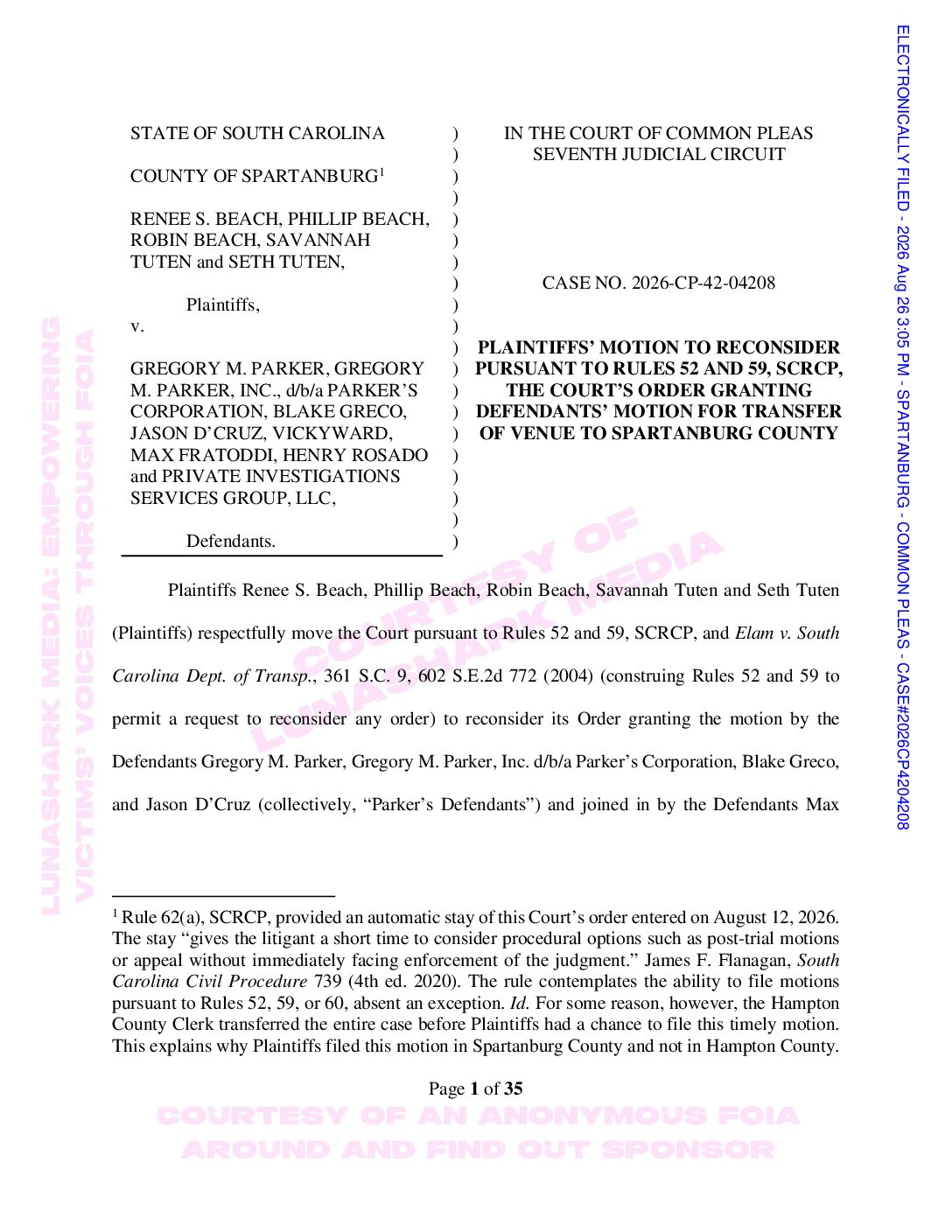 Beach, Renee – 2026, Aug 26 – Motion to Reconsider Venue Transfer