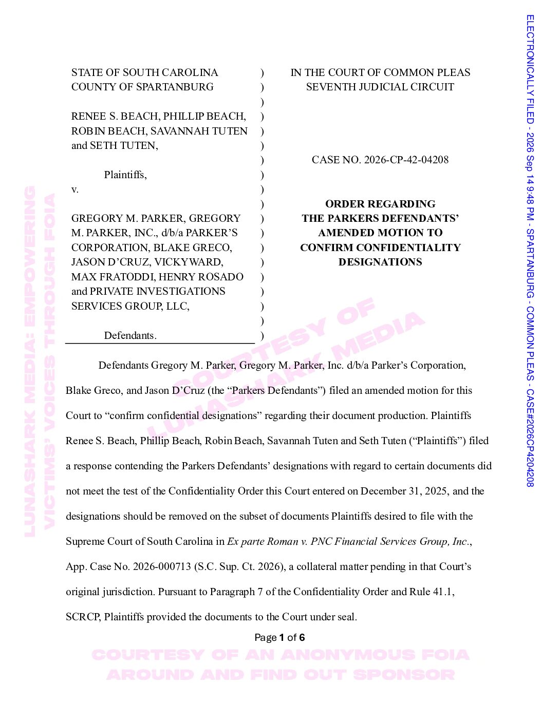 Parker, Greg – 2026, Sept 14 – Order Regarding Motion to Confirm Confidentiality Designations
