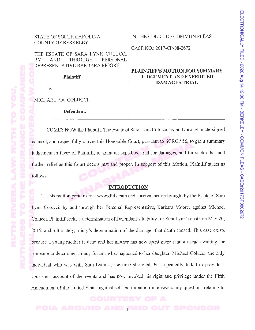 Colucci, Michael – 2026, Aug 14 – Plaintiff’s Motion for Summary Judgement
