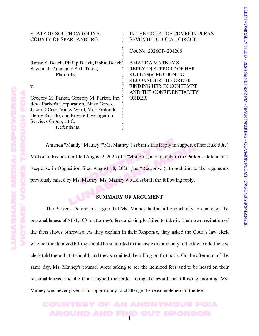 Matney, Mandy – 2026, Sept 04 – Reply in Support of Motion to Reconsider