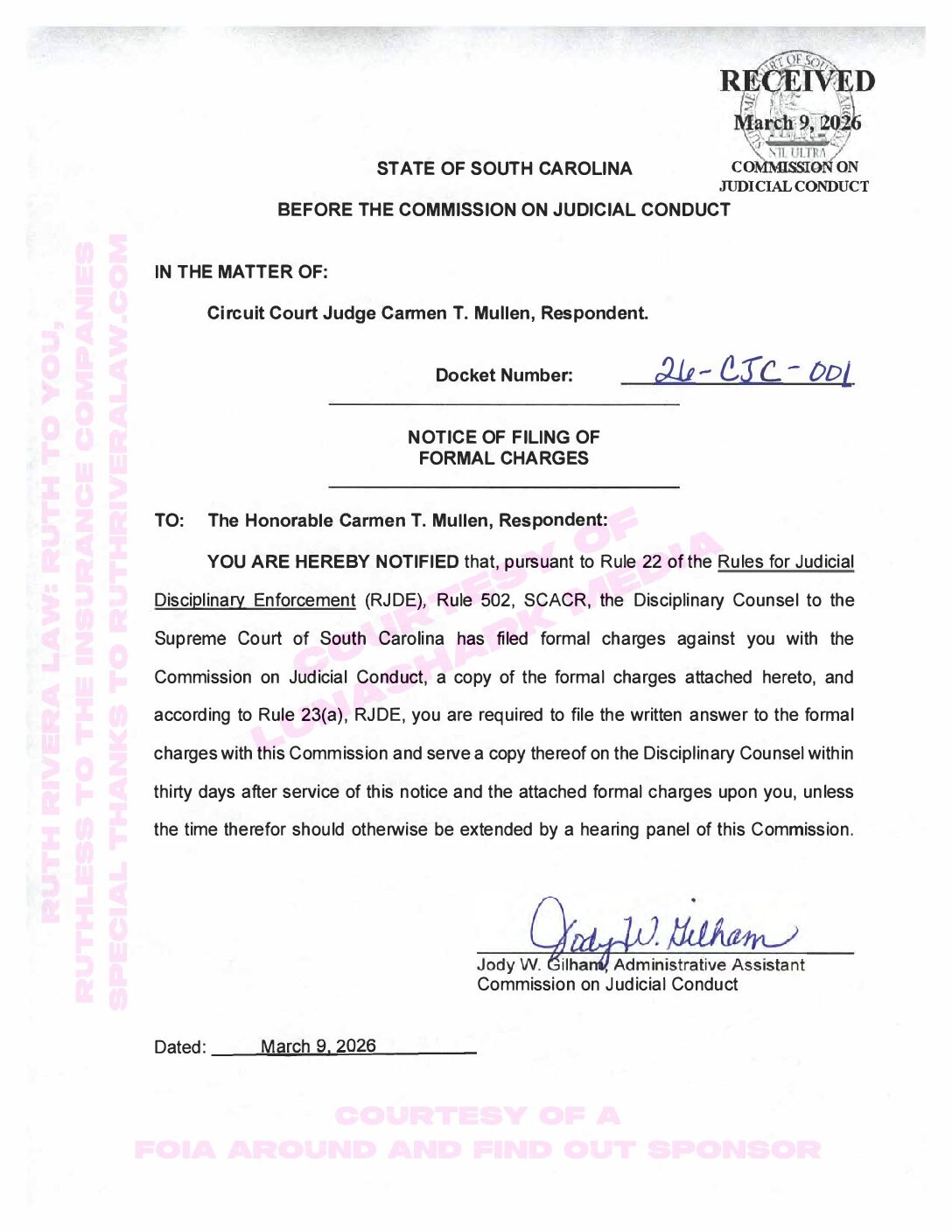 Mullen, Carmen – 2026 March & April – ODC’s Charging Document & Judge Mullen’s Answer to Formal Charges