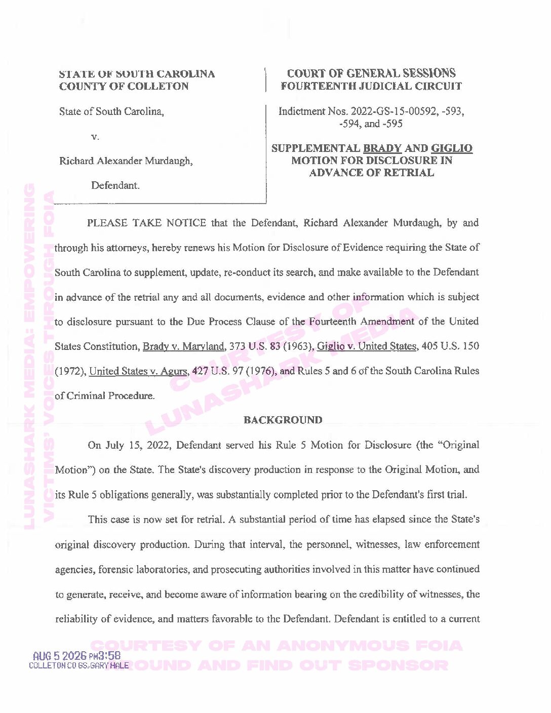 Murdaugh, Alex – 2026 Aug 05 – Supplemental Brady and Giglio Motion