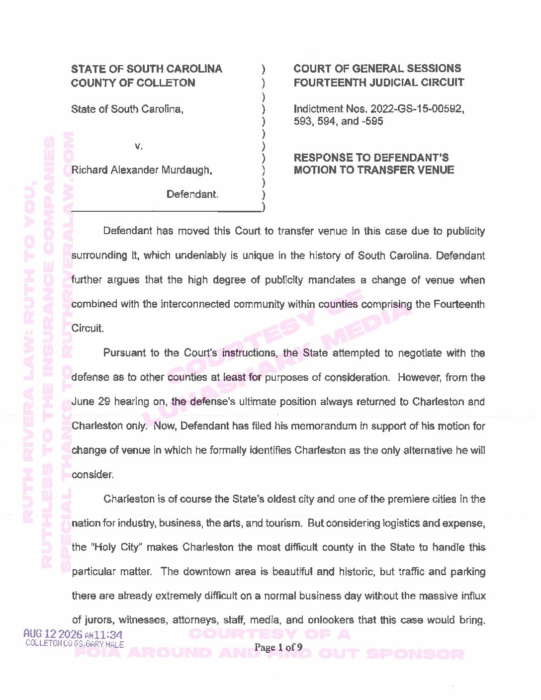 Murdaugh, Alex – 2026, Aug 12 – State’s Response to Motion to Transfer Venue