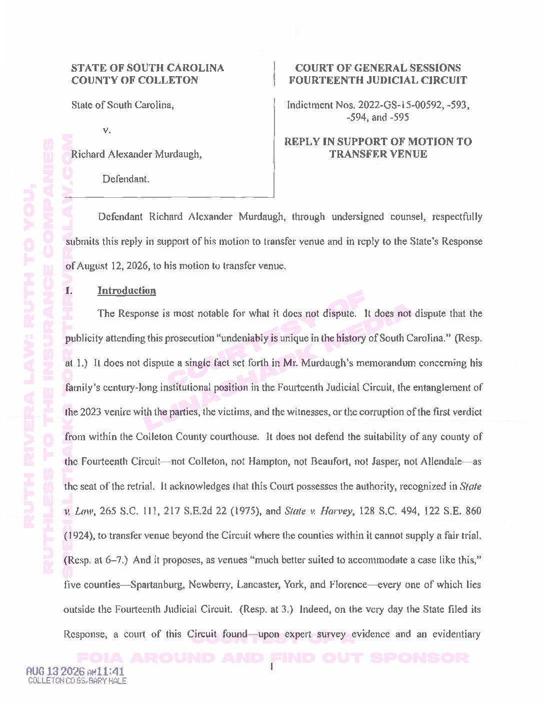 Murdaugh, Alex – 2026, Aug 13 – Reply in Support of Motion to Transfer Venue