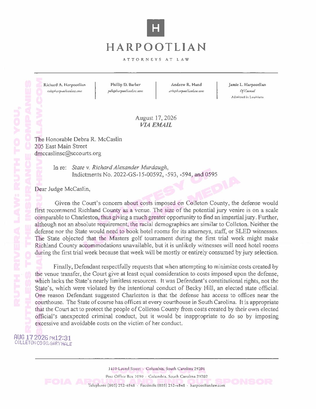 Murdaugh, Alex – 2026, Aug 17 – Defendant’s Letter to Judge McCaslin
