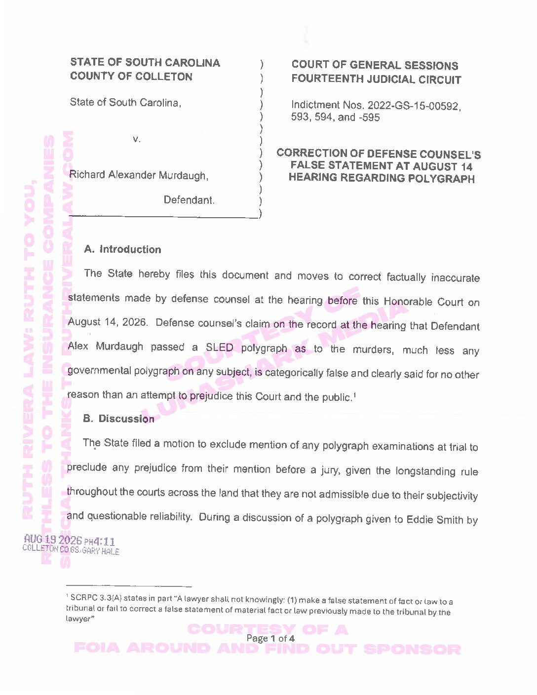 Murdaugh, Alex – 2026 Aug 19 – Correction of Defense Counsel False Statement