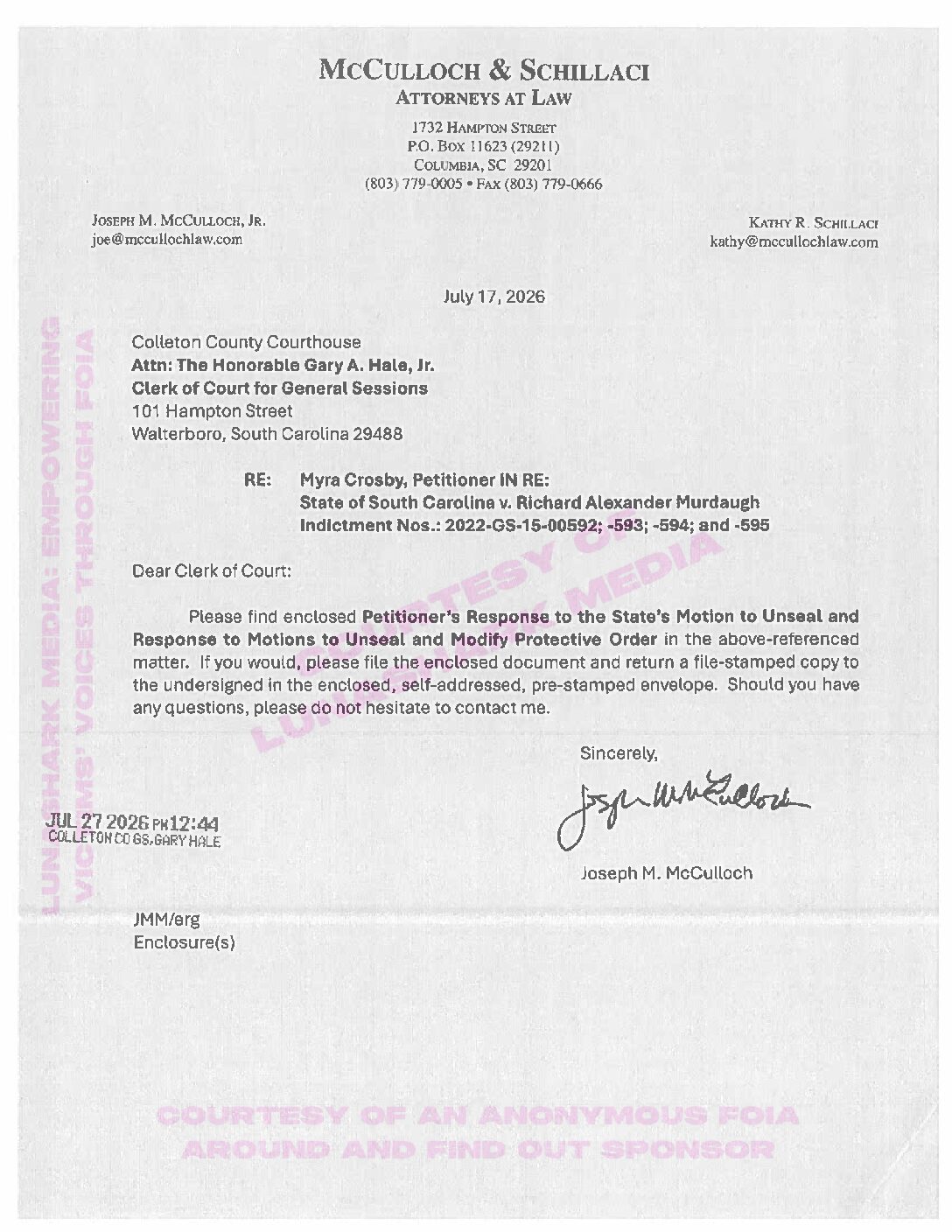 Murdaugh, Alex – 2026, July 27 – Myra Crosby’s Response to Motion to Unseal