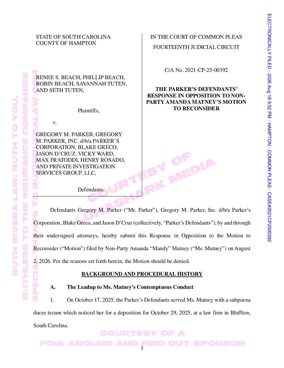 Parker, Greg – 2026, Aug 18 – Response to Mandy Matney’s Motion to Reconsider