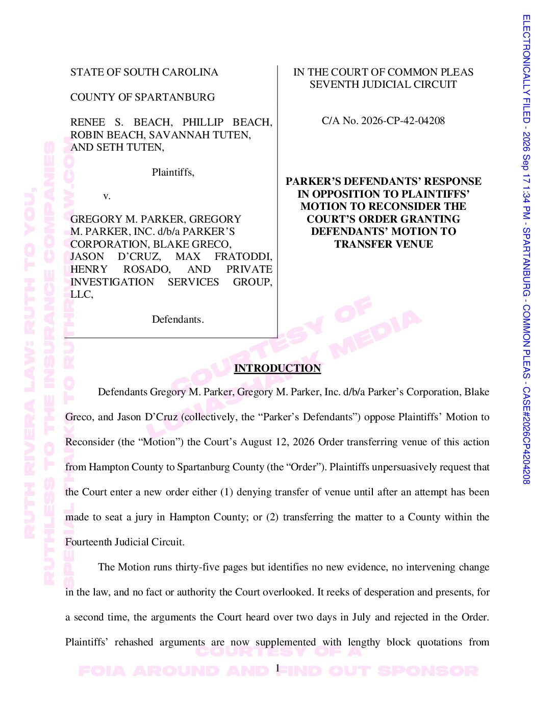 Parker, Greg – 2026, Sept 17 – Response in Opposition to Motion to Reconsider Venue Transfer