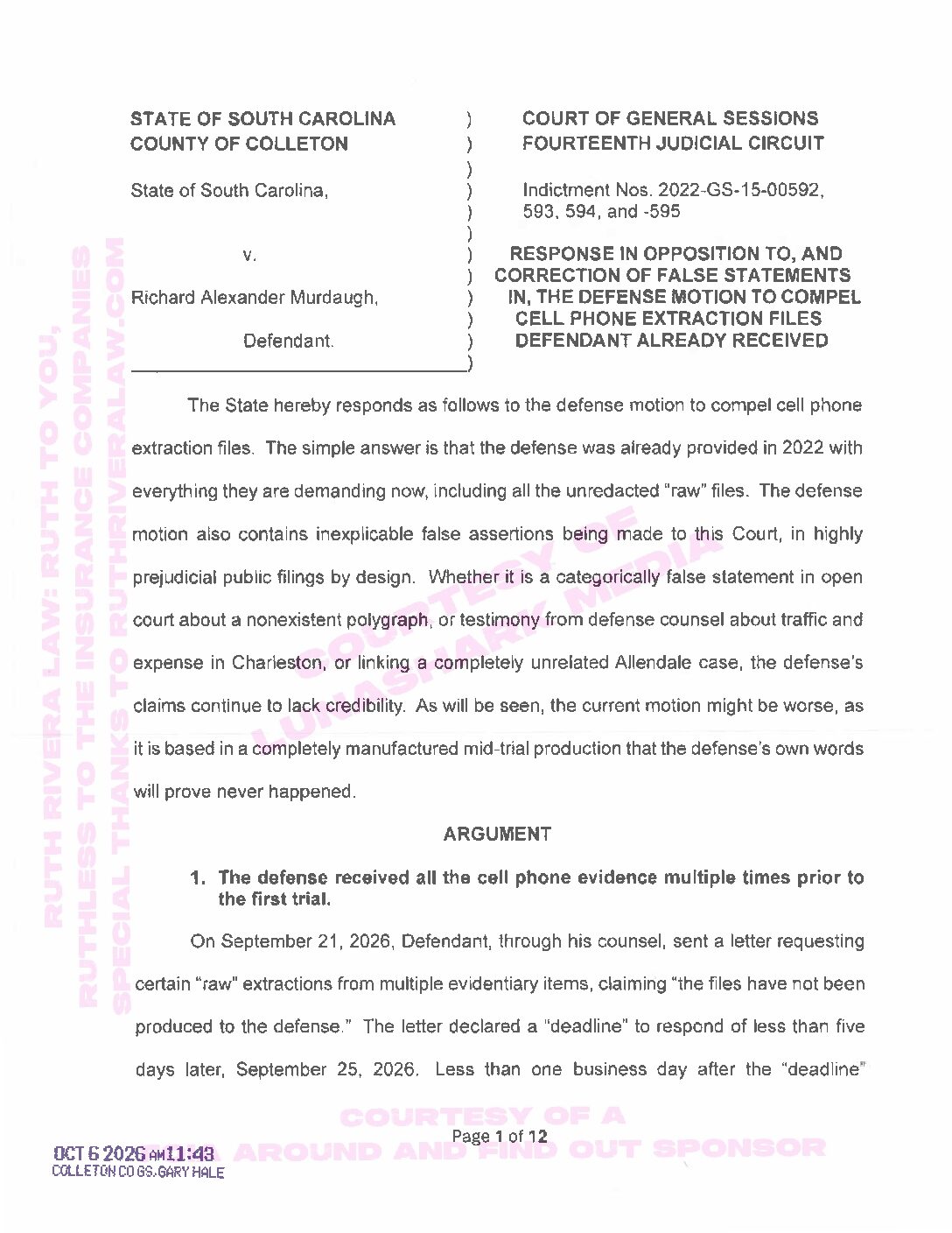 Murdaugh, Alex – 2026, Oct 06 – State’s Response in Opposition to Motion to Compel Cell Phone Extraction