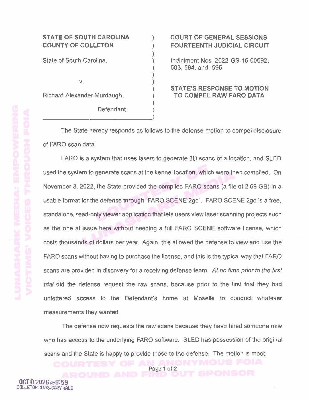 Murdaugh, Alex 0 2026, Oct 08 – State’s Response to Motion to Compel Raw FARO Data
