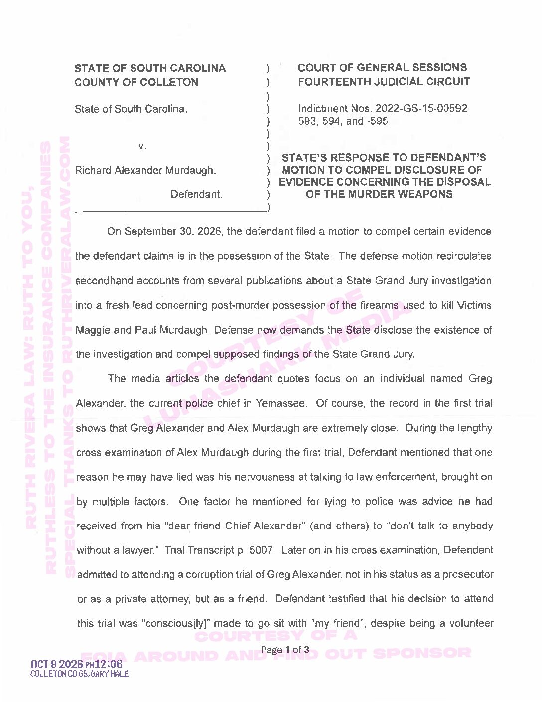 Murdaugh, Alex  – 2026, Oct 08 – State’s Response to Motion to Compel Murder Weapon Disposal Evidence